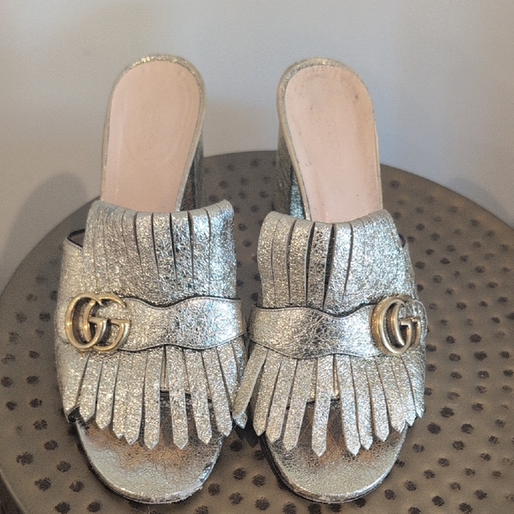 Gucci Shoes - Gucci Silver Metallic Fringe GG Mule Slides